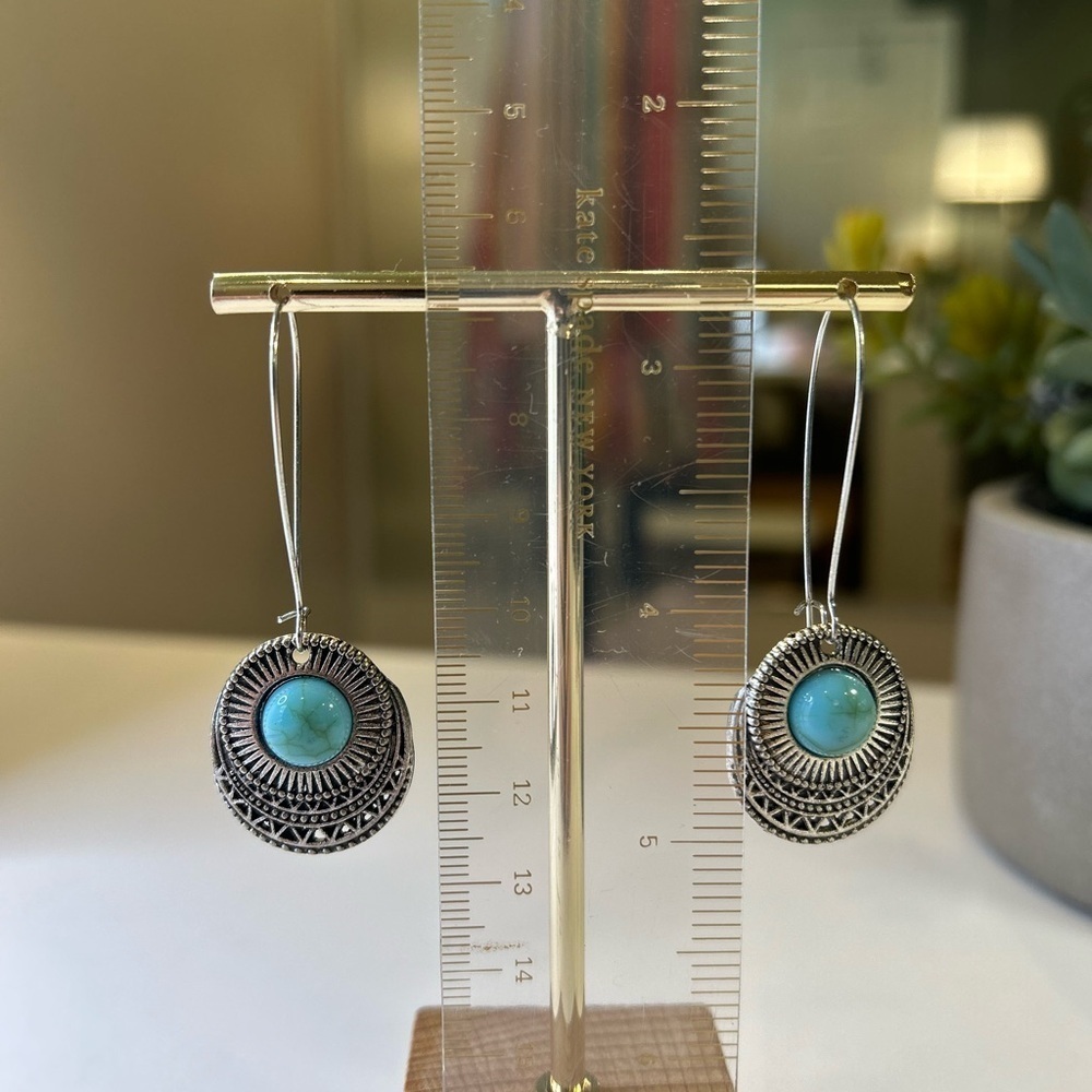 Turquoise and Silver-Tone Dangle Earrings - Picture 5 of 5